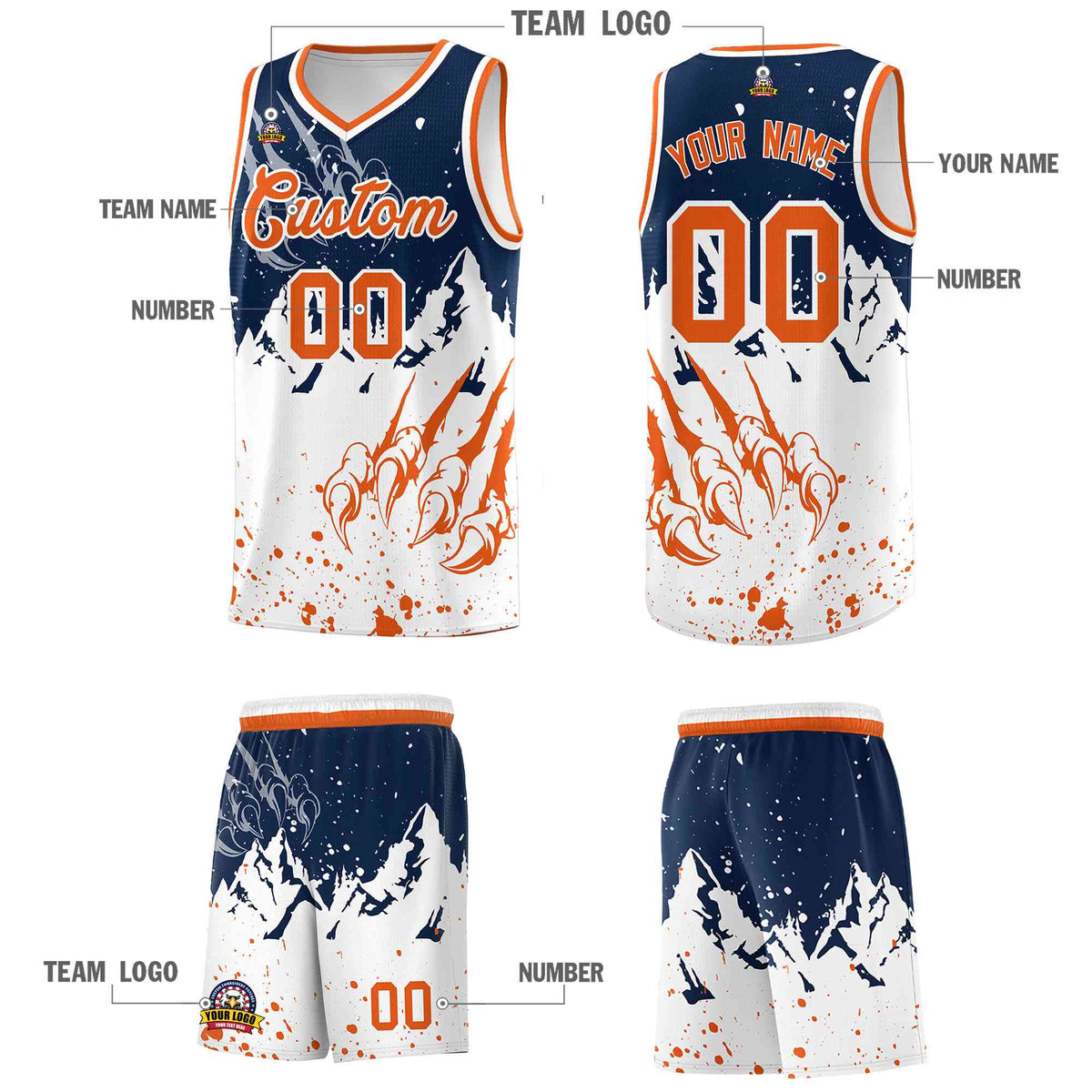 Custom Navy Orange Snow Mountain Beast Pattern Sports Uniform Basketball Jersey