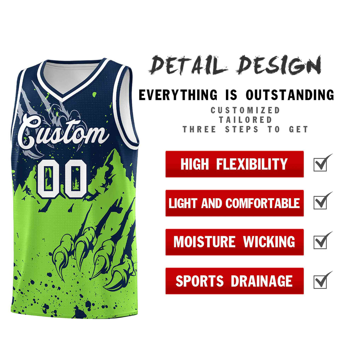 Custom Navy Fluorescent Green Snow Mountain Beast Pattern Sports Uniform Basketball Jersey| KXKSHOP
