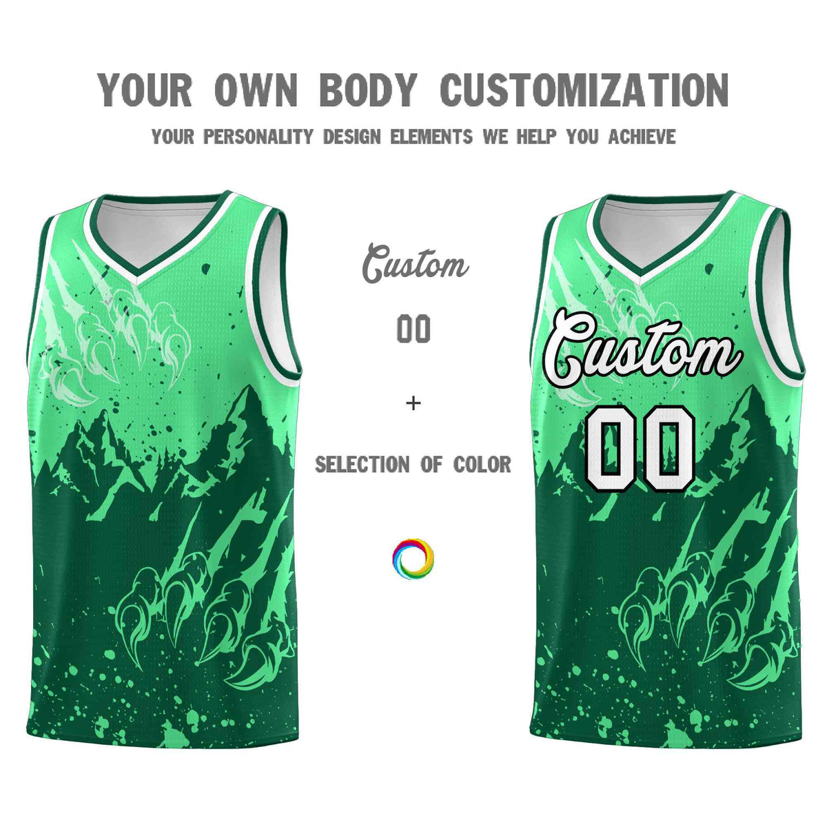 Custom Green Kelly Green Snow Mountain Beast Pattern Sports Uniform Basketball Jersey| KXKSHOP
