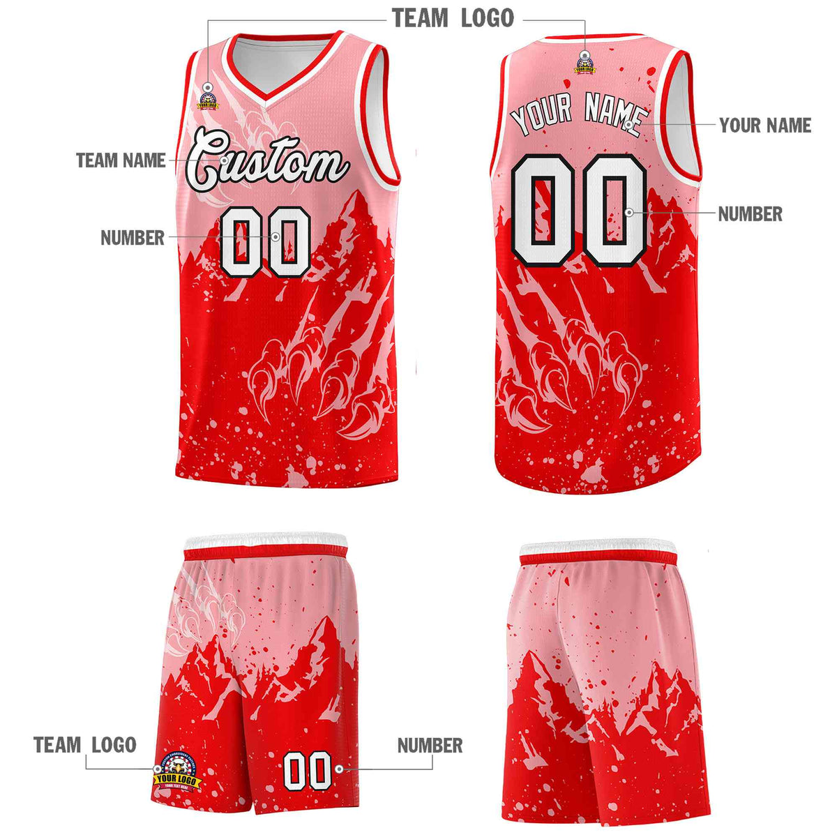 Custom Light Pink Light Red Snow Mountain Beast Pattern Sports Uniform Basketball Jersey