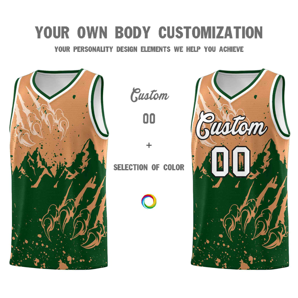 Custom Buckskin Brown Green Snow Mountain Beast Pattern Sports Uniform Basketball Jersey| KXKSHOP