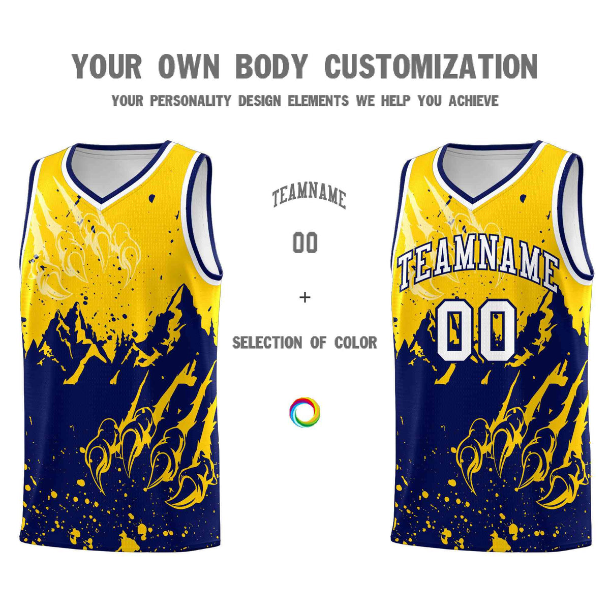 Custom Gold Navy Snow Mountain Beast Pattern Sports Uniform Basketball Jersey