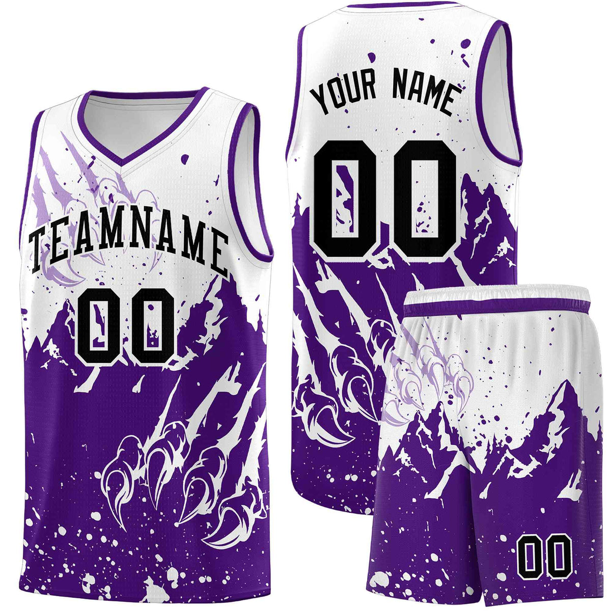 Custom White Purple Snow Mountain Beast Pattern Sports Uniform Basketball Jersey