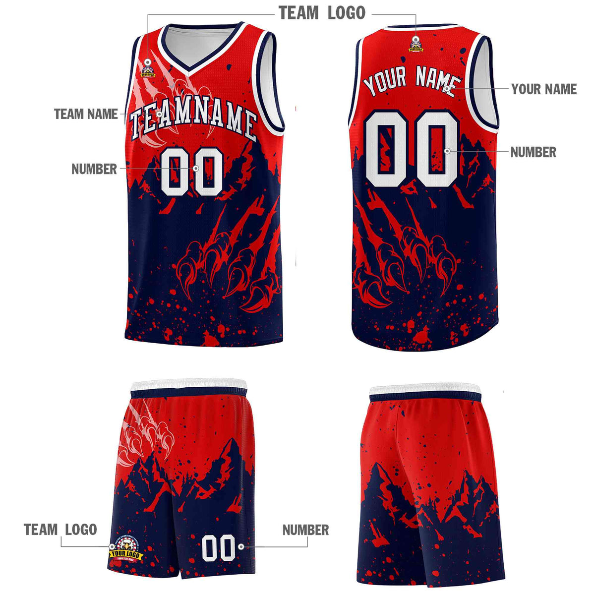 Custom Red Navy Snow Mountain Beast Pattern Sports Uniform Basketball Jersey