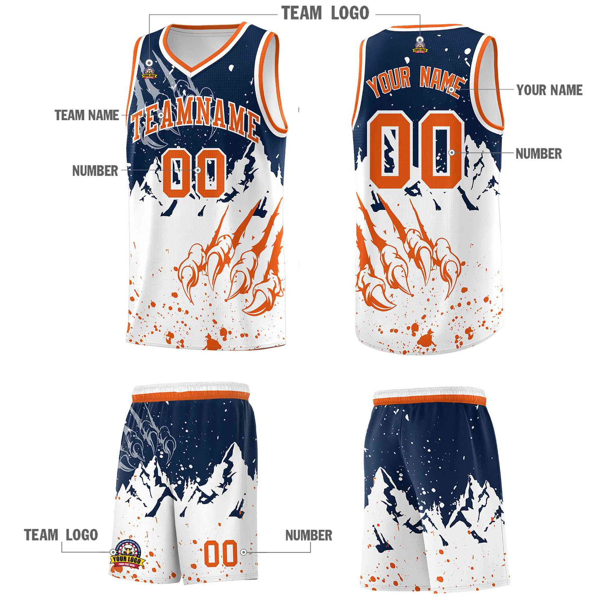 Custom Navy Orange Snow Mountain Beast Pattern Sports Uniform Basketball Jersey