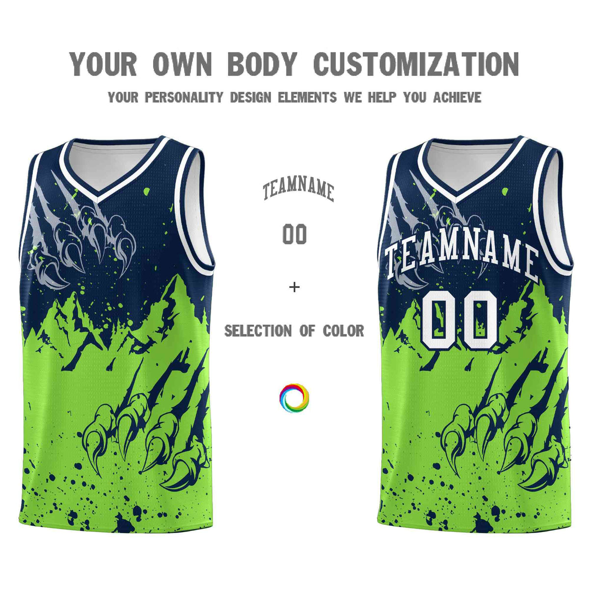 Custom Navy Fluorescent Green Snow Mountain Beast Pattern Sports Uniform Basketball Jersey