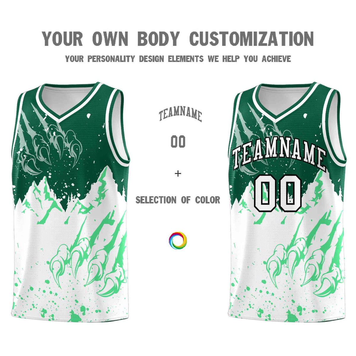 Custom Kelly Green White Snow Mountain Beast Pattern Sports Uniform Basketball Jersey