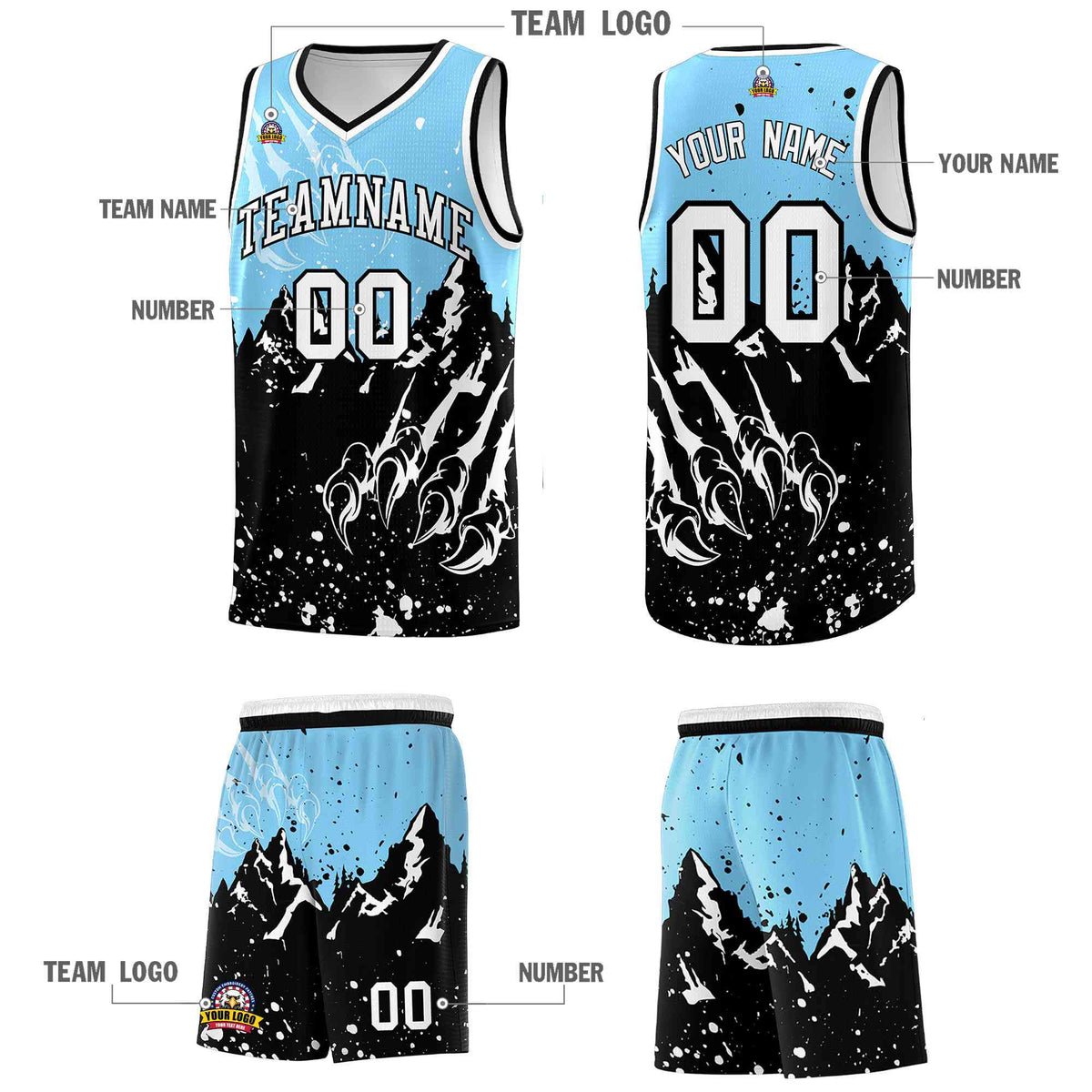 Custom Light Blue Black Snow Mountain Beast Pattern Sports Uniform Basketball Jersey