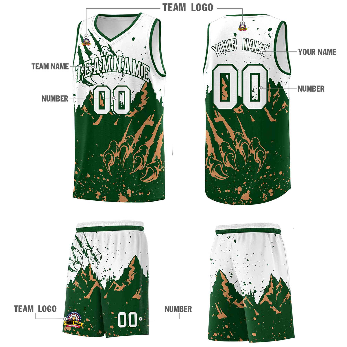 Custom White Green Snow Mountain Beast Pattern Sports Uniform Basketball Jersey
