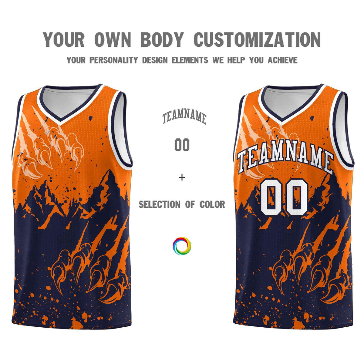 Custom Orange Navy Snow Mountain Beast Pattern Sports Uniform Basketball Jersey