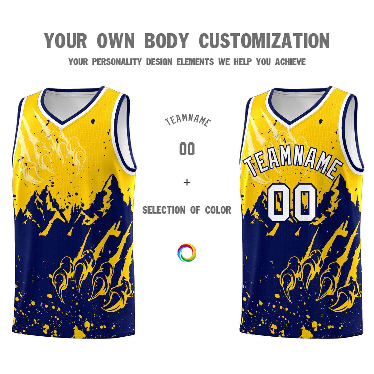 Custom Gold Navy Snow Mountain Beast Pattern Sports Uniform Basketball Jersey