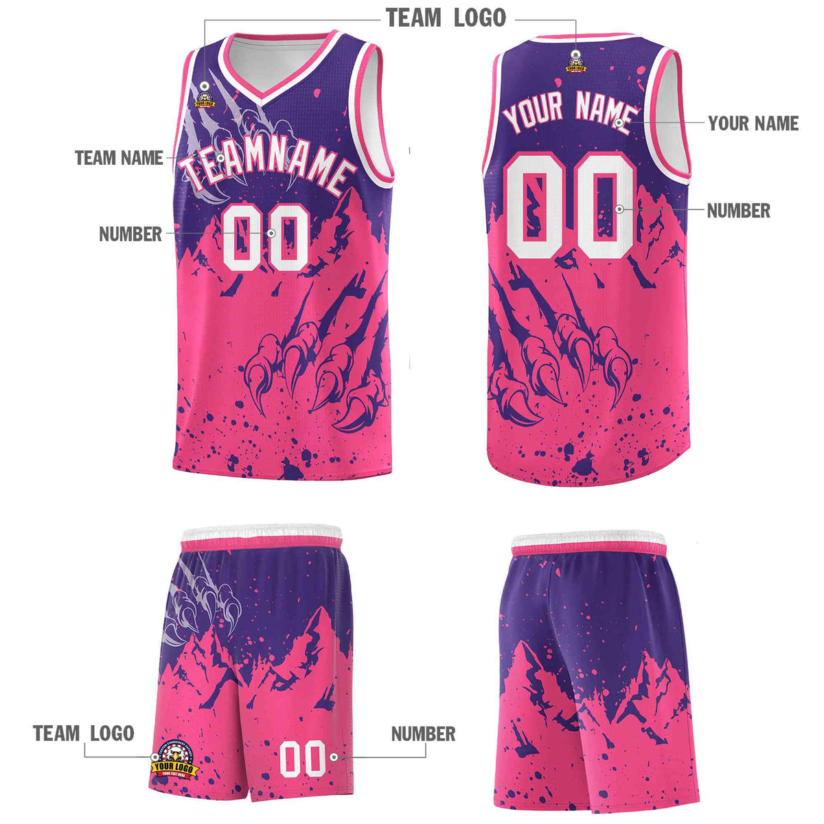 Custom Purple Pink Snow Mountain Beast Pattern Sports Uniform Basketball Jersey