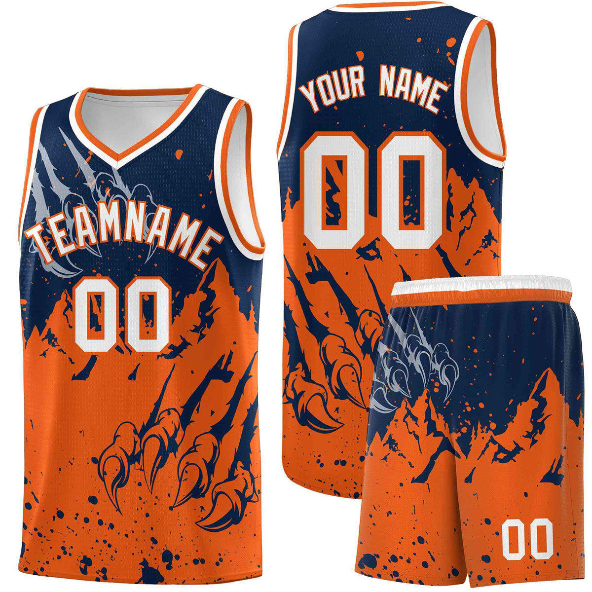 Custom Navy Orange Snow Mountain Beast Pattern Sports Uniform Basketball Jersey