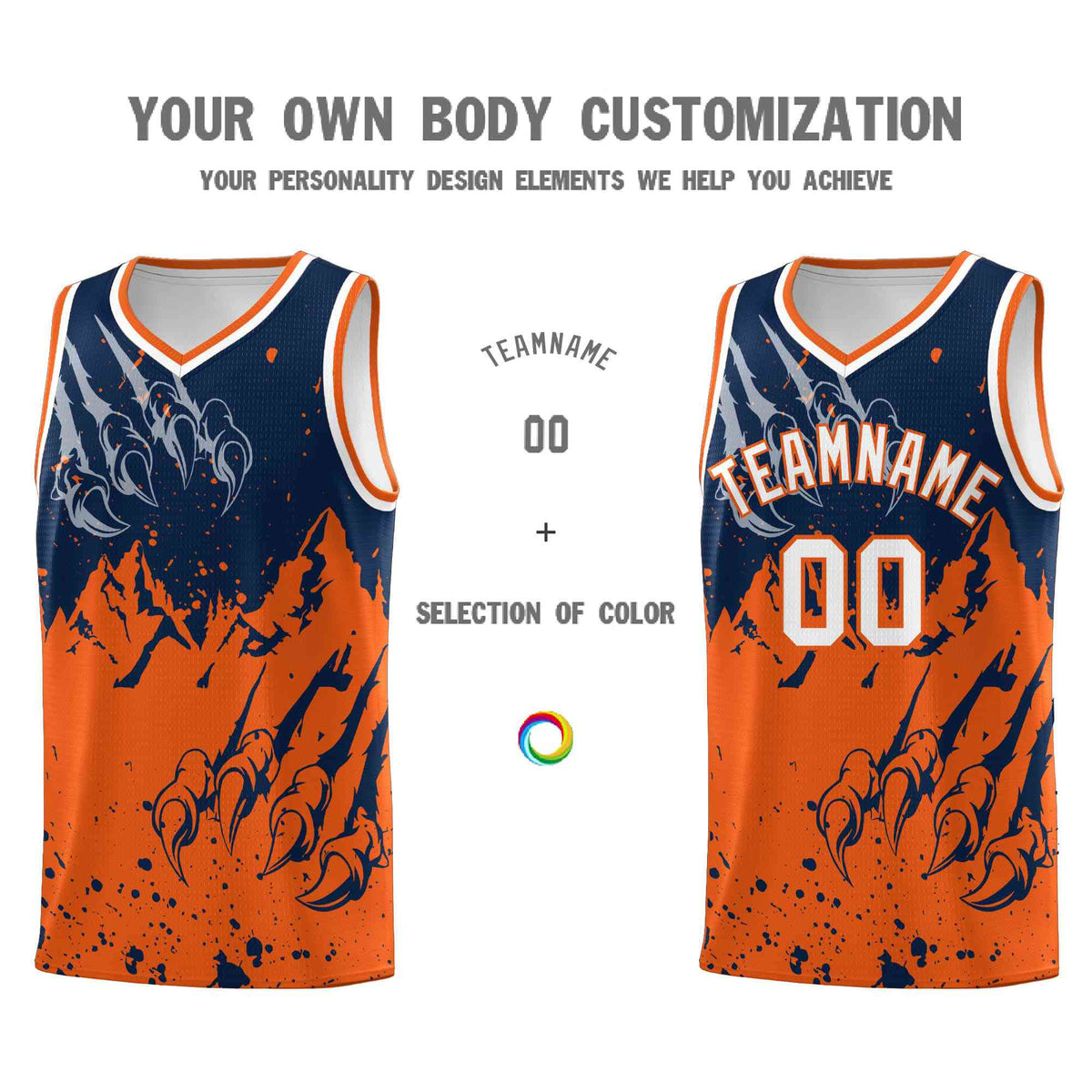 Custom Navy Orange Snow Mountain Beast Pattern Sports Uniform Basketball Jersey