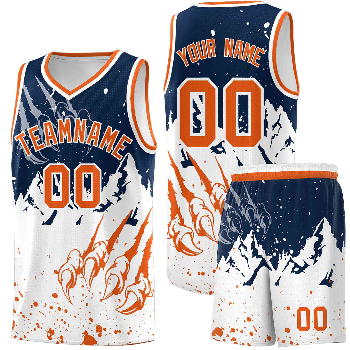 Custom Navy Orange Snow Mountain Beast Pattern Sports Uniform Basketball Jersey