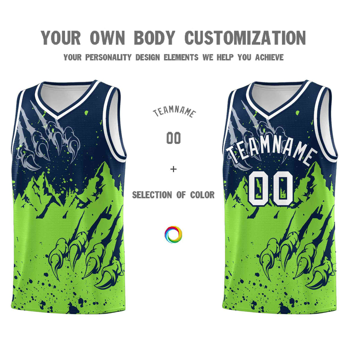 Custom Navy Fluorescent Green Snow Mountain Beast Pattern Sports Uniform Basketball Jersey