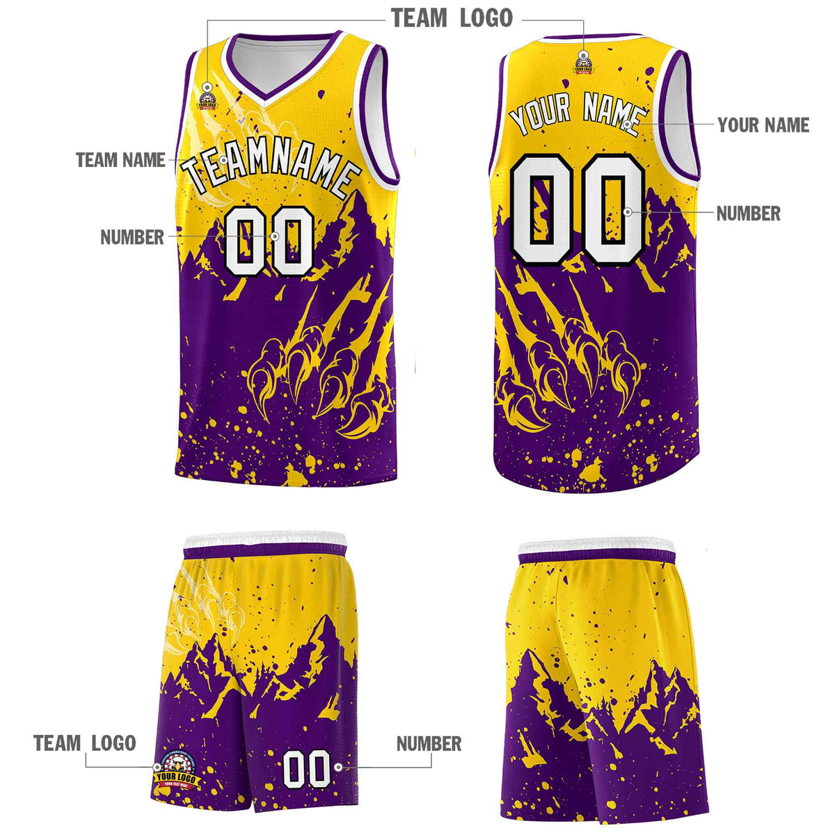 Custom Gold Purple Snow Mountain Beast Pattern Sports Uniform Basketball Jersey