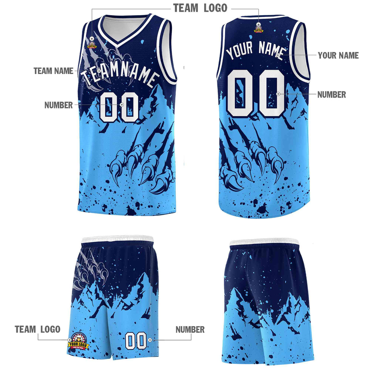 Custom Navy Powder Blue Snow Mountain Beast Pattern Sports Uniform Basketball Jersey