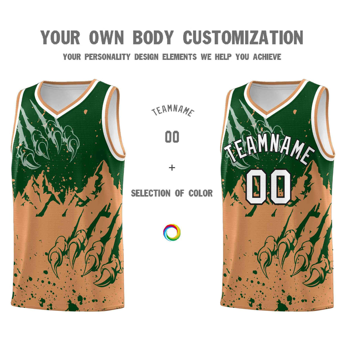 Custom Green Buckskin Brown Snow Mountain Beast Pattern Sports Uniform Basketball Jersey