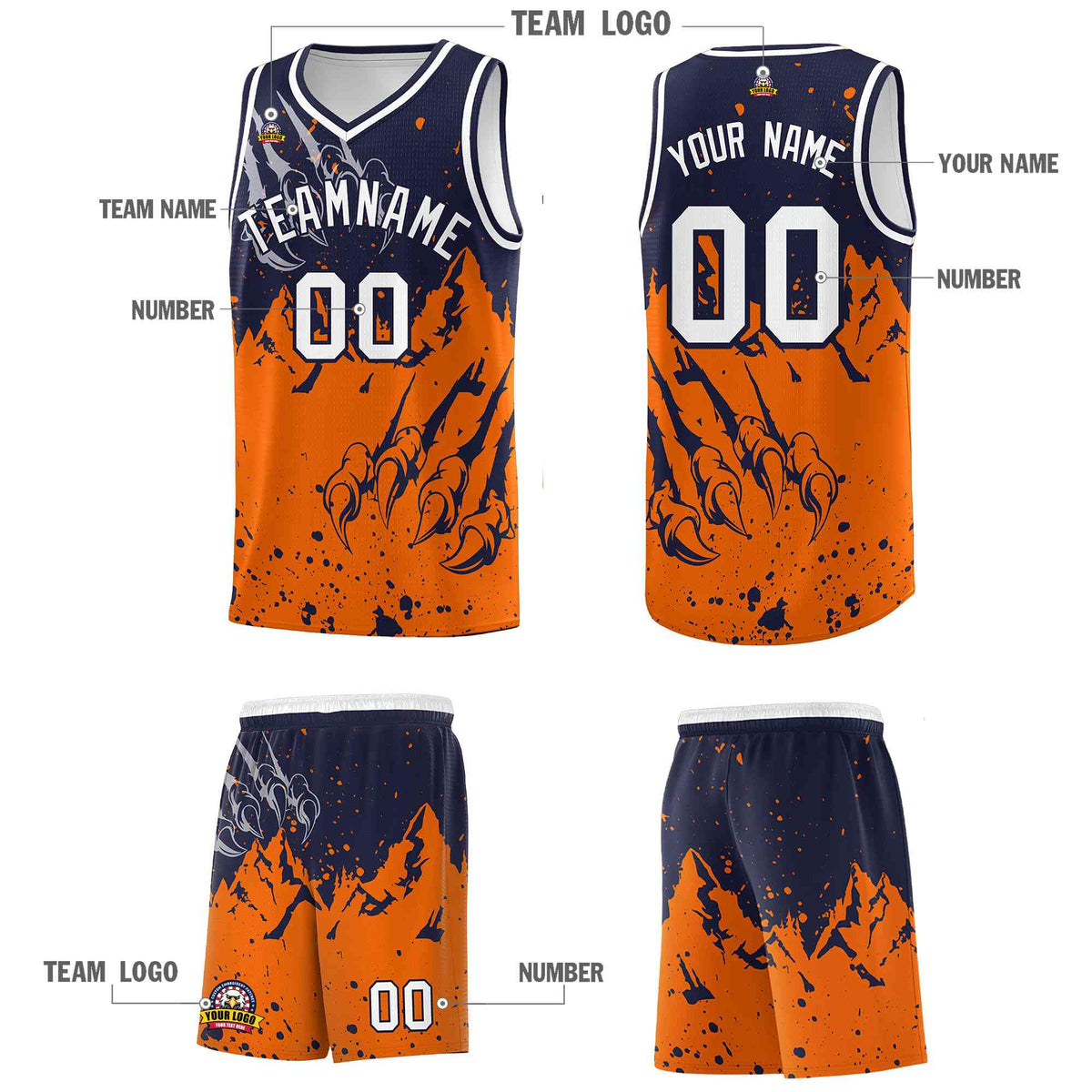 Custom Navy Orange Snow Mountain Beast Pattern Sports Uniform Basketball Jersey