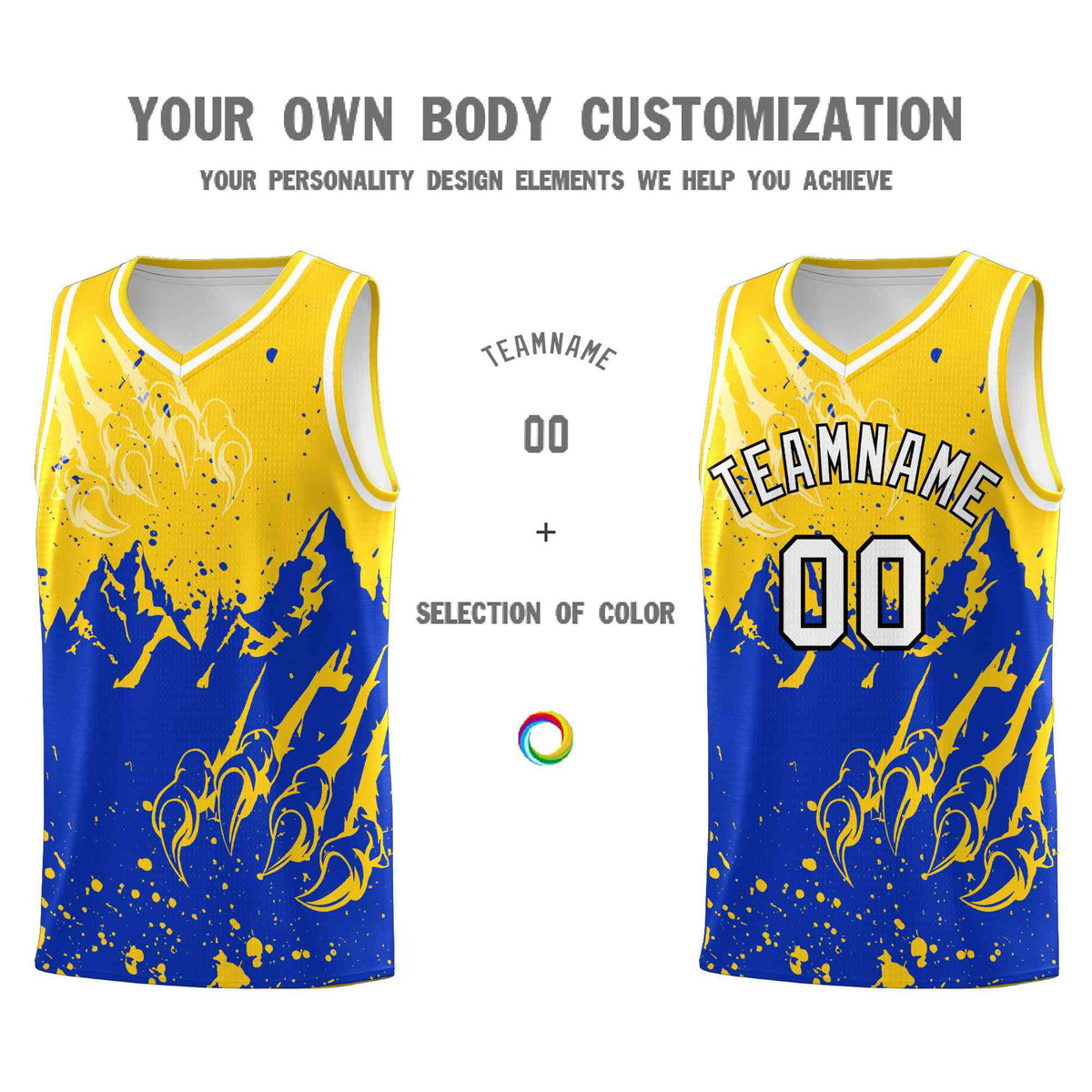 Custom Gold Royal Snow Mountain Beast Pattern Sports Uniform Basketball Jersey