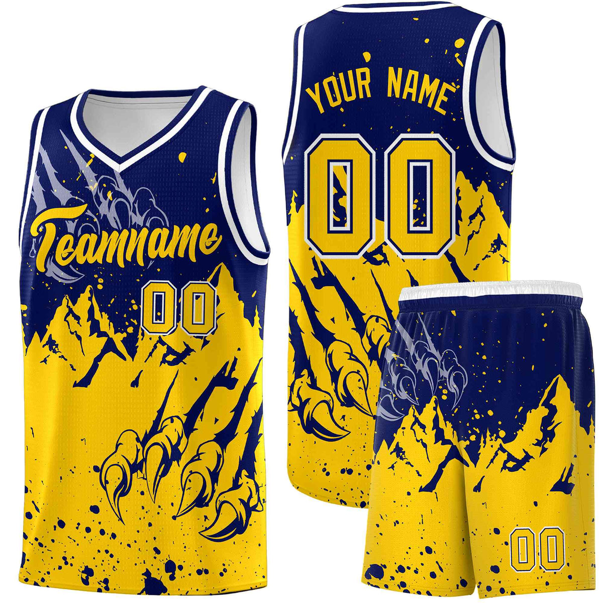 Custom Navy Gold Snow Mountain Beast Pattern Sports Uniform Basketball Jersey