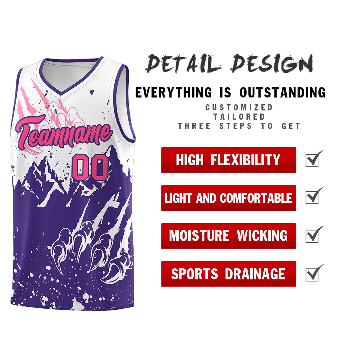 Custom White Purple Snow Mountain Beast Pattern Sports Uniform Basketball Jersey