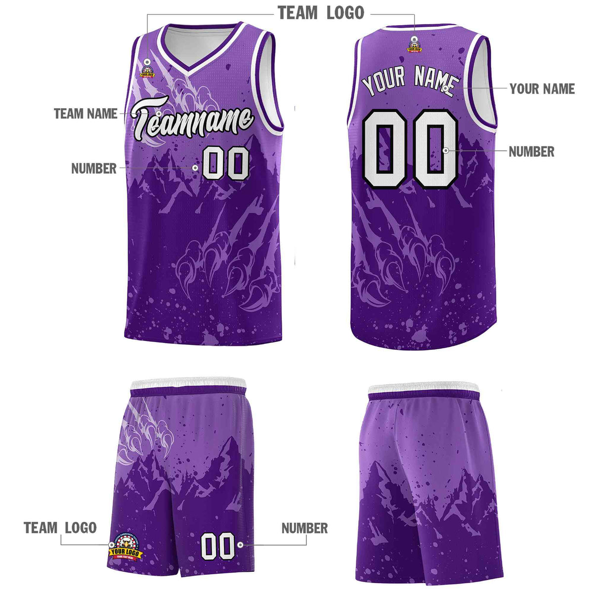 Custom Light Purple Purple Snow Mountain Beast Pattern Sports Uniform Basketball Jersey