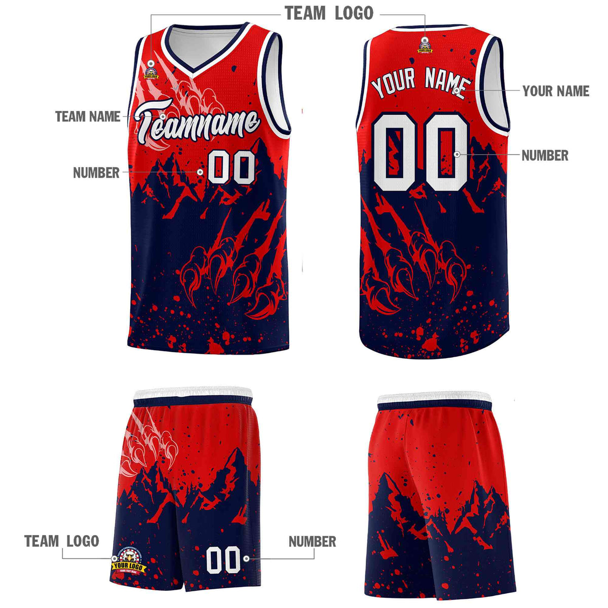 Custom Red Navy Snow Mountain Beast Pattern Sports Uniform Basketball Jersey