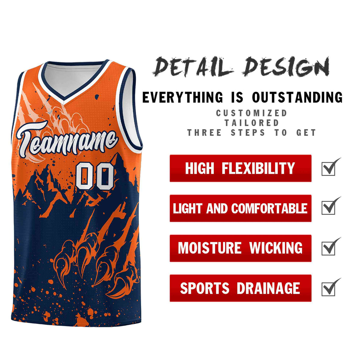 Custom Orange Navy Snow Mountain Beast Pattern Sports Uniform Basketball Jersey