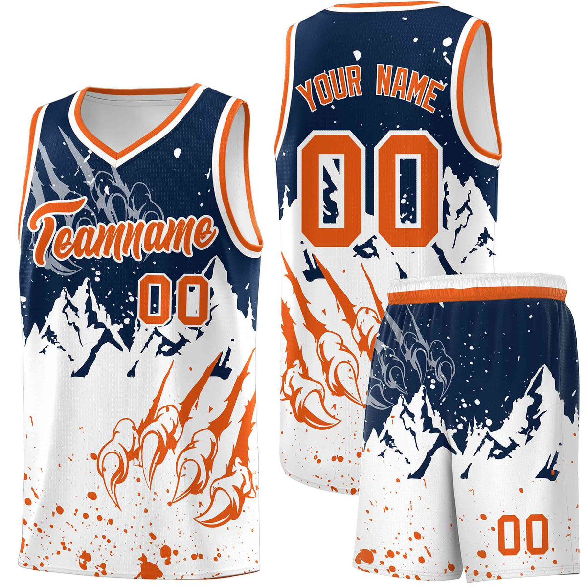 Custom Navy Orange Snow Mountain Beast Pattern Sports Uniform Basketball Jersey