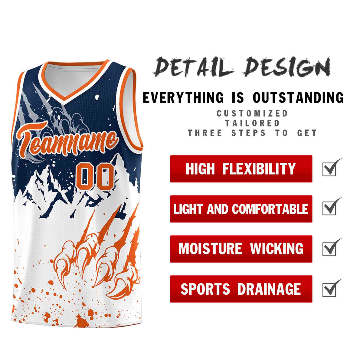 Custom Navy Orange Snow Mountain Beast Pattern Sports Uniform Basketball Jersey