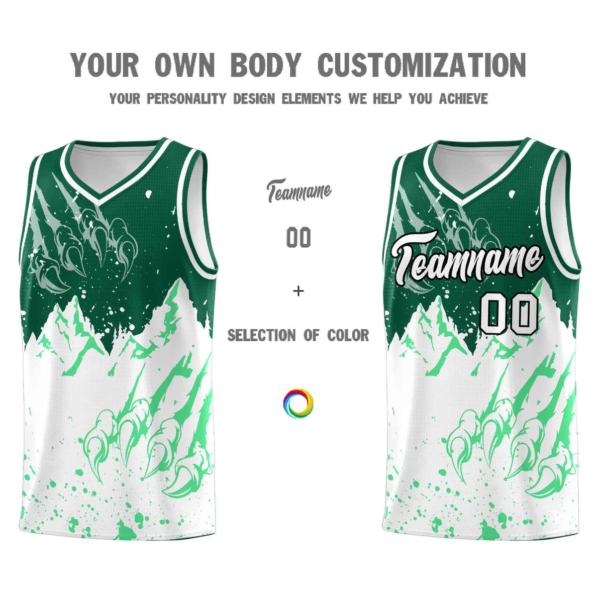 Custom Kelly Green White Snow Mountain Beast Pattern Sports Uniform Basketball Jersey