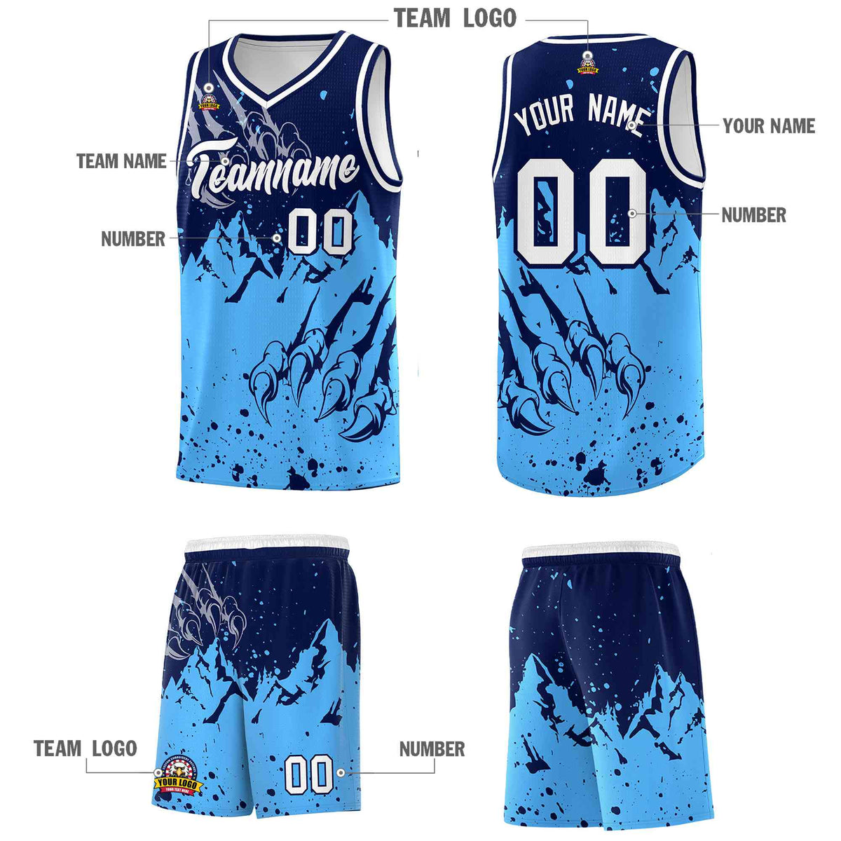 Custom Navy Powder Blue Snow Mountain Beast Pattern Sports Uniform Basketball Jersey