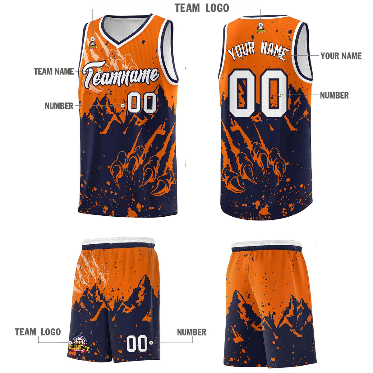 Custom Orange Navy Snow Mountain Beast Pattern Sports Uniform Basketball Jersey