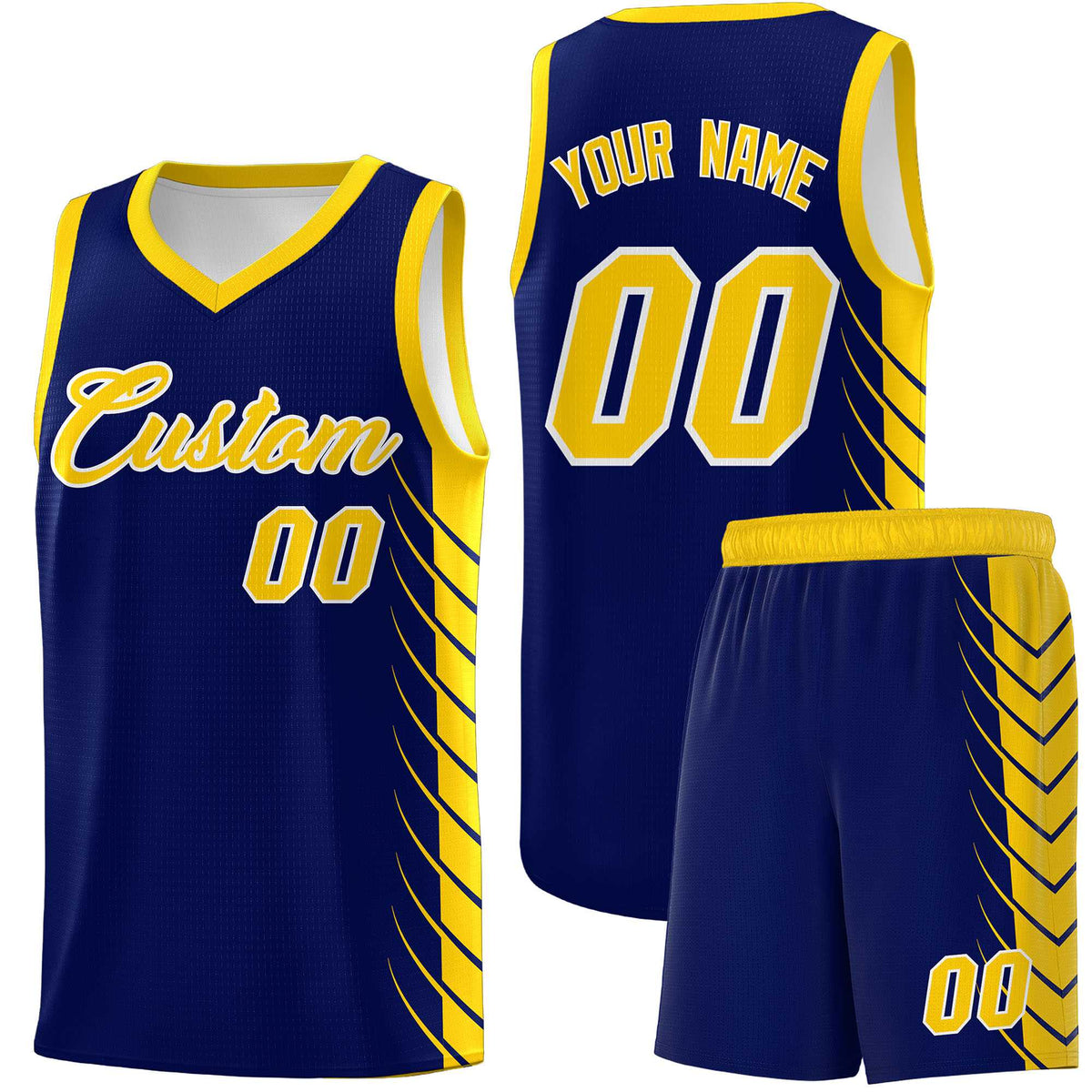 Custom Navy Gold Personalized Side Symmetrical Line Pattern Sports Uniform Basketball Jersey
