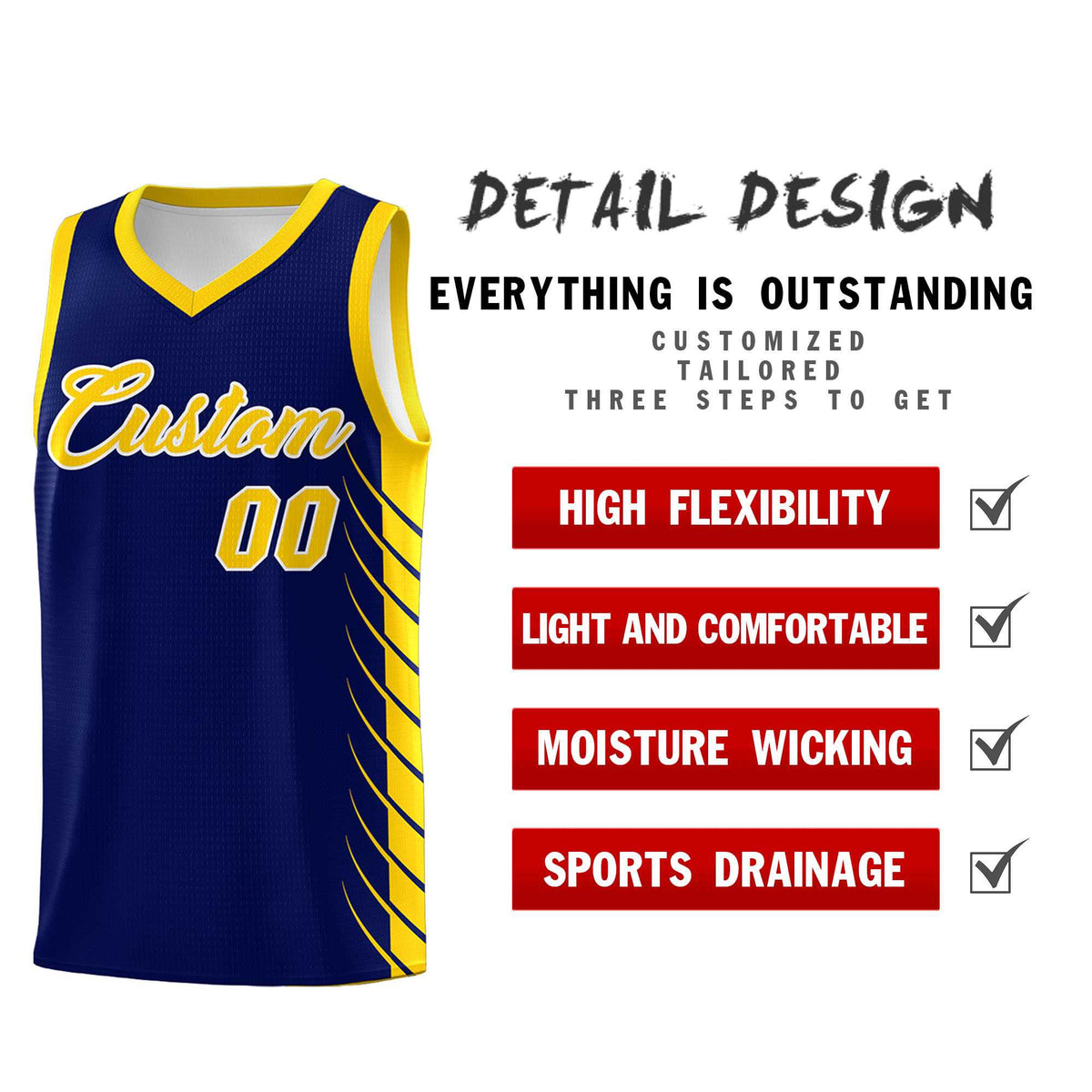 Custom Navy Gold Personalized Side Symmetrical Line Pattern Sports Uniform Basketball Jersey