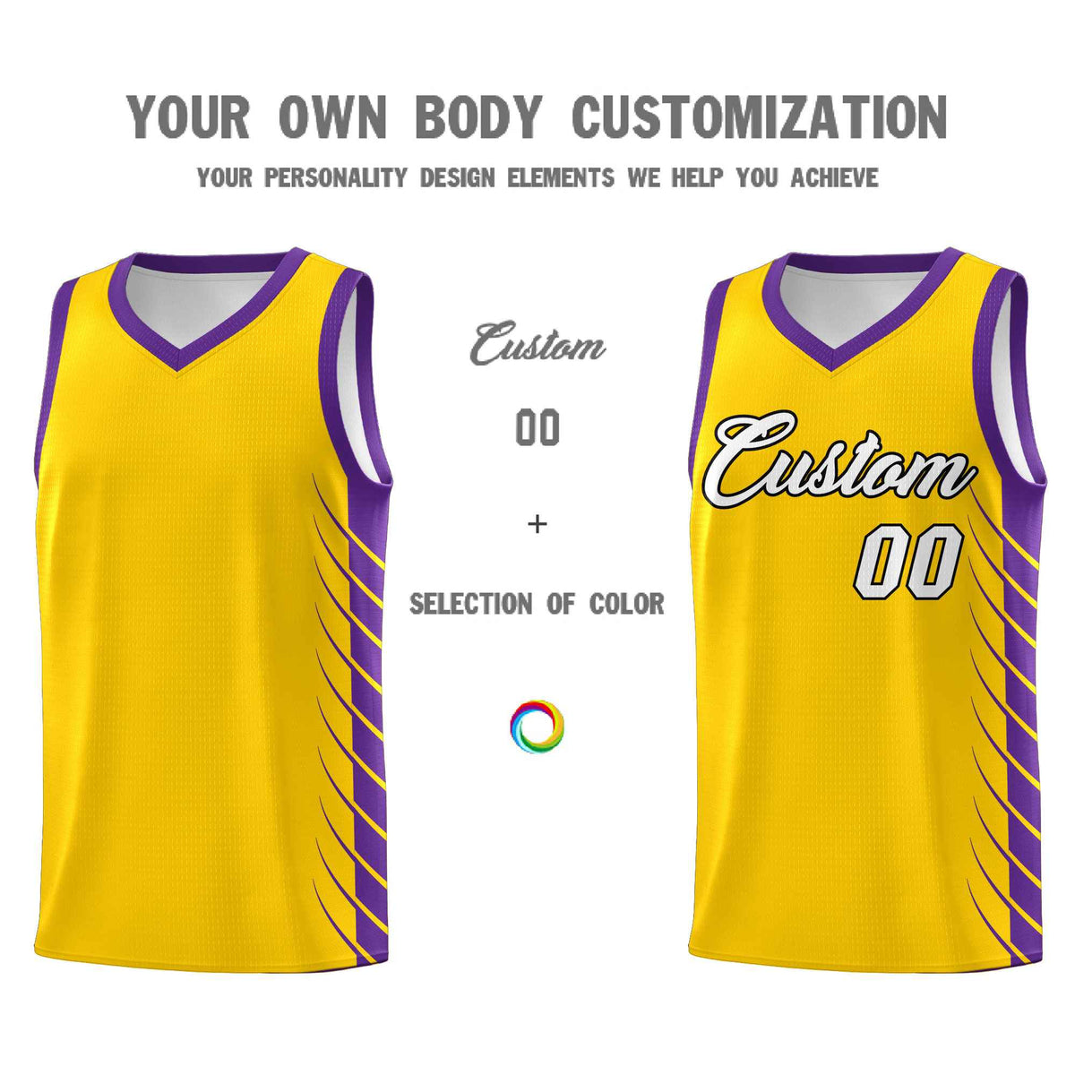 Custom Gold Purple Personalized Side Symmetrical Line Pattern Sports Uniform Basketball Jersey