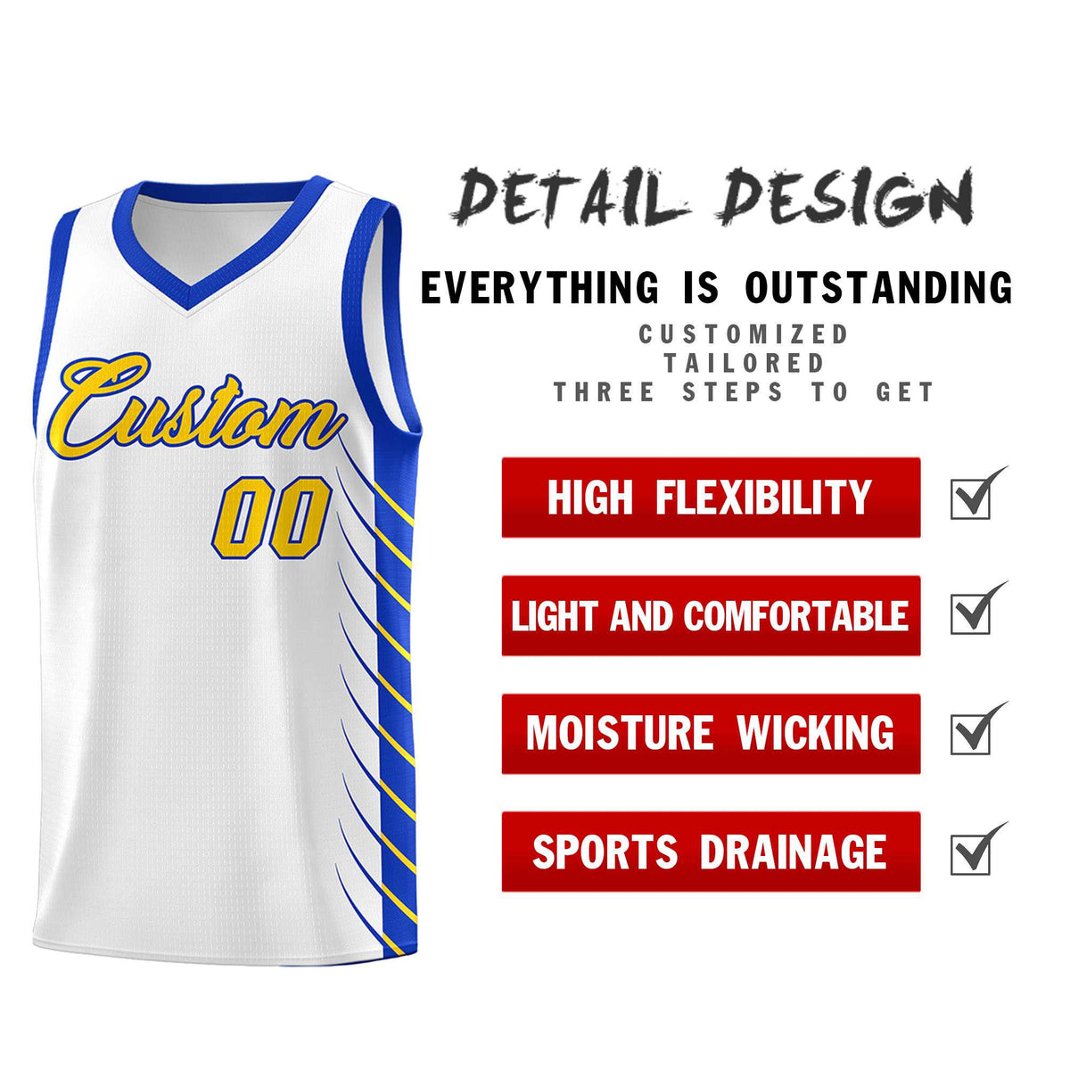 Custom White Royal Personalized Side Symmetrical Line Pattern Sports Uniform Basketball Jersey