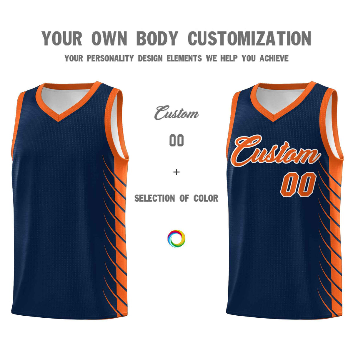 Custom Navy Orange Personalized Side Symmetrical Line Pattern Sports Uniform Basketball Jersey