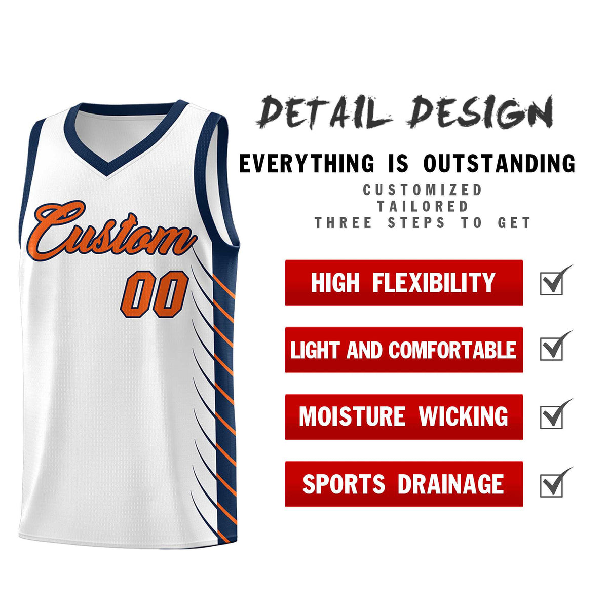 Custom White Navy Personalized Side Symmetrical Line Pattern Sports Uniform Basketball Jersey