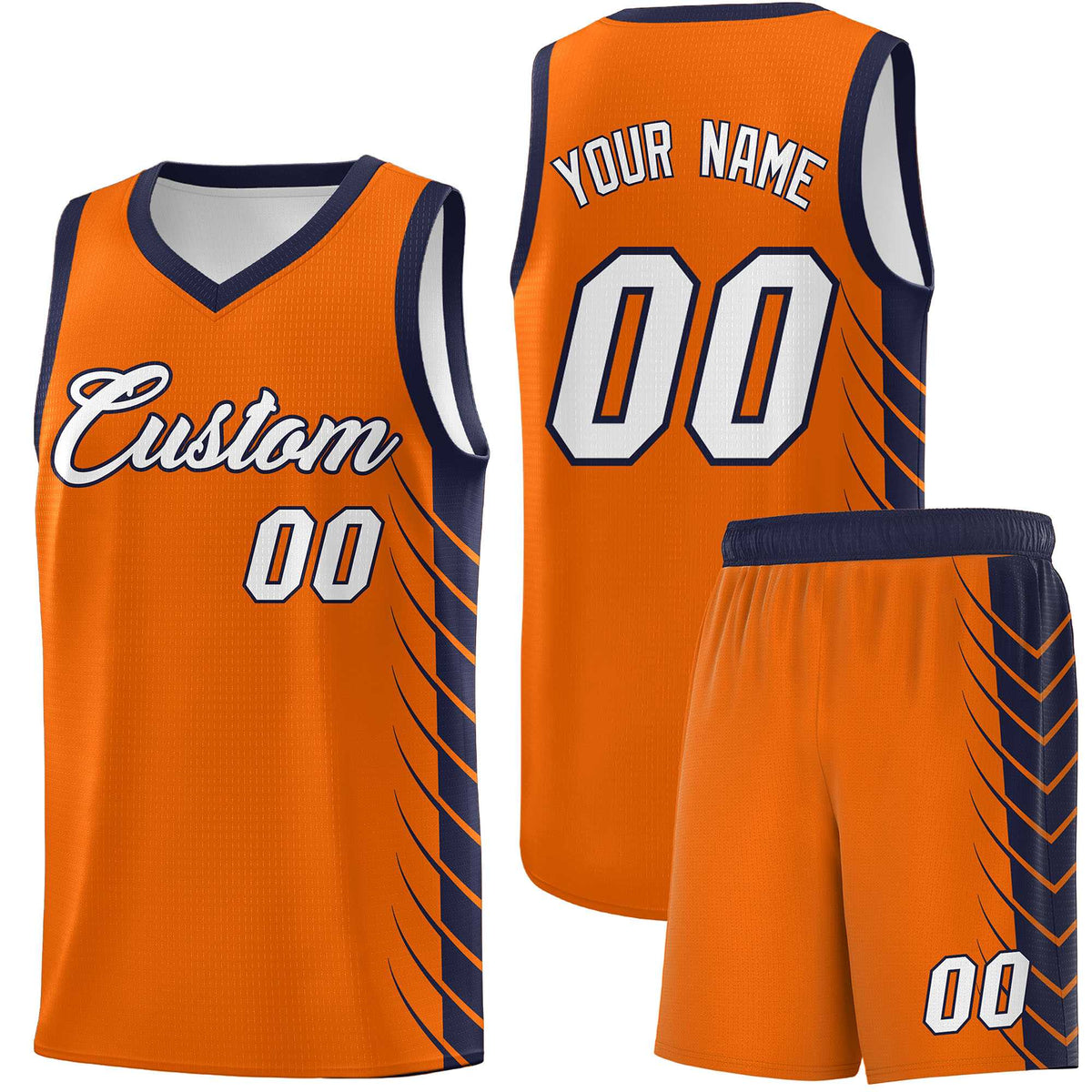 Custom Orange Navy Personalized Side Symmetrical Line Pattern Sports Uniform Basketball Jersey
