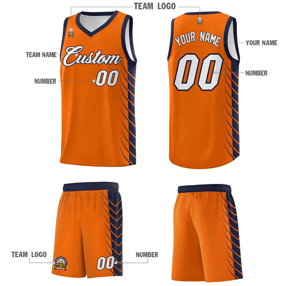 Custom Orange Navy Personalized Side Symmetrical Line Pattern Sports Uniform Basketball Jersey