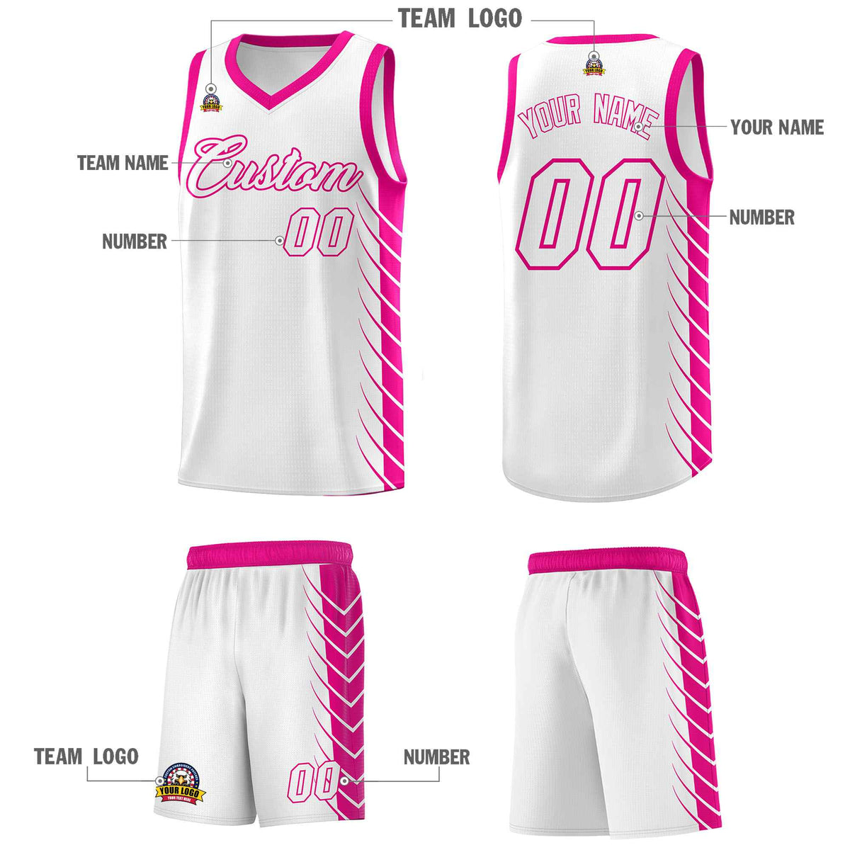 Custom White Pink Personalized Side Symmetrical Line Pattern Sports Uniform Basketball Jersey