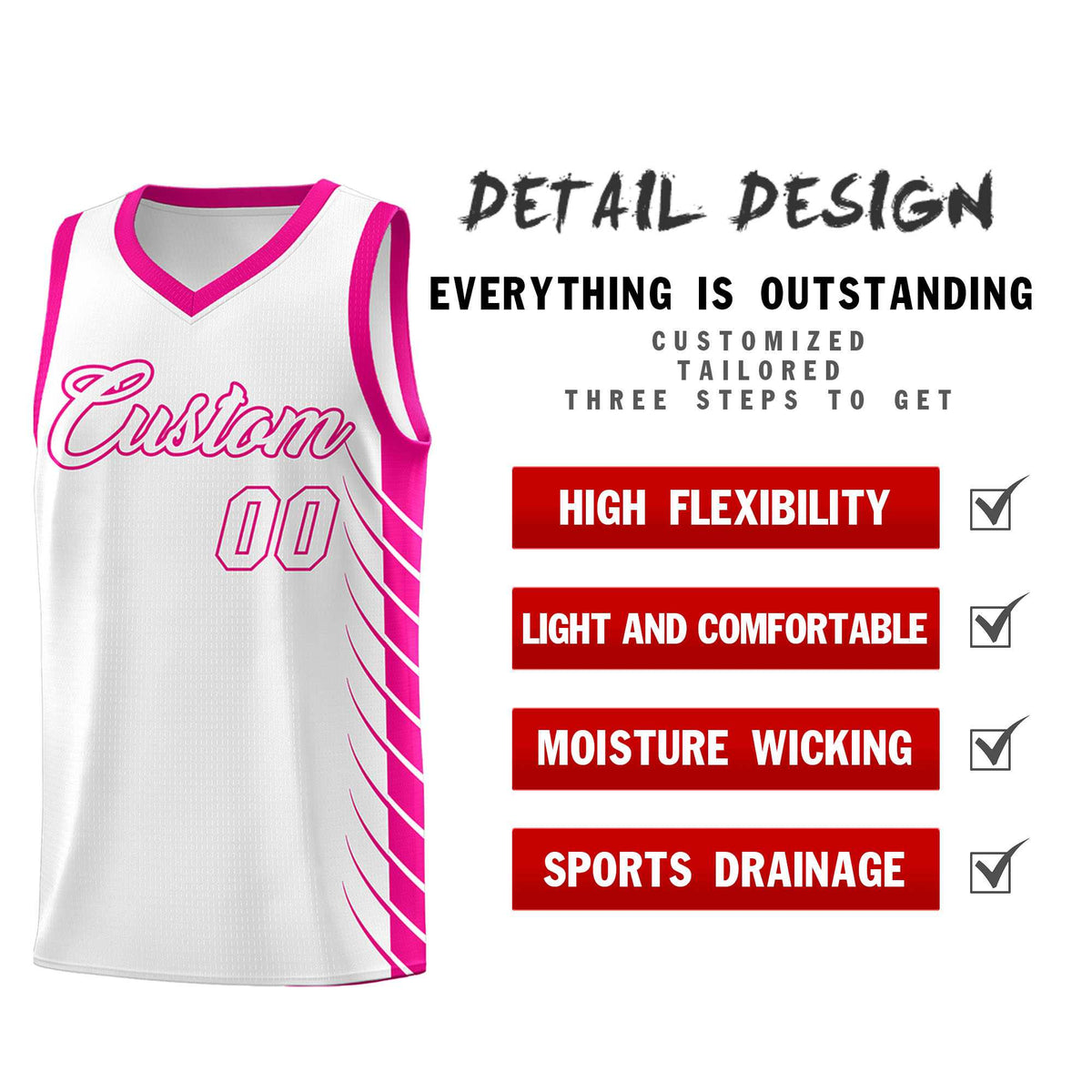 Custom White Pink Personalized Side Symmetrical Line Pattern Sports Uniform Basketball Jersey