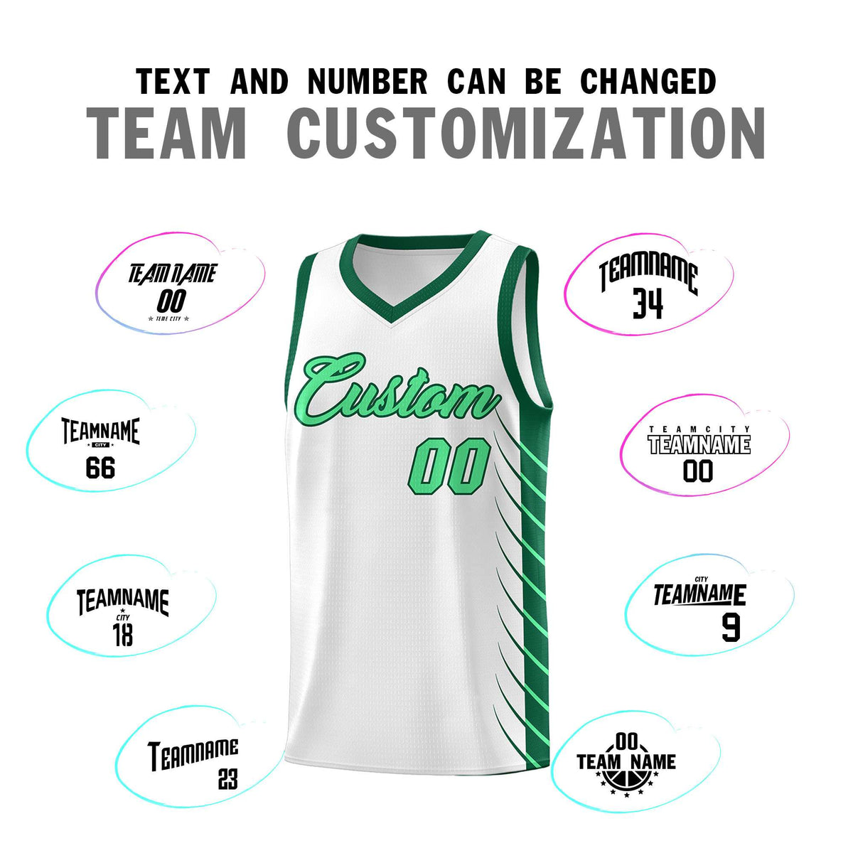 Custom White Kelly Green Personalized Side Symmetrical Line Pattern Sports Uniform Basketball Jersey