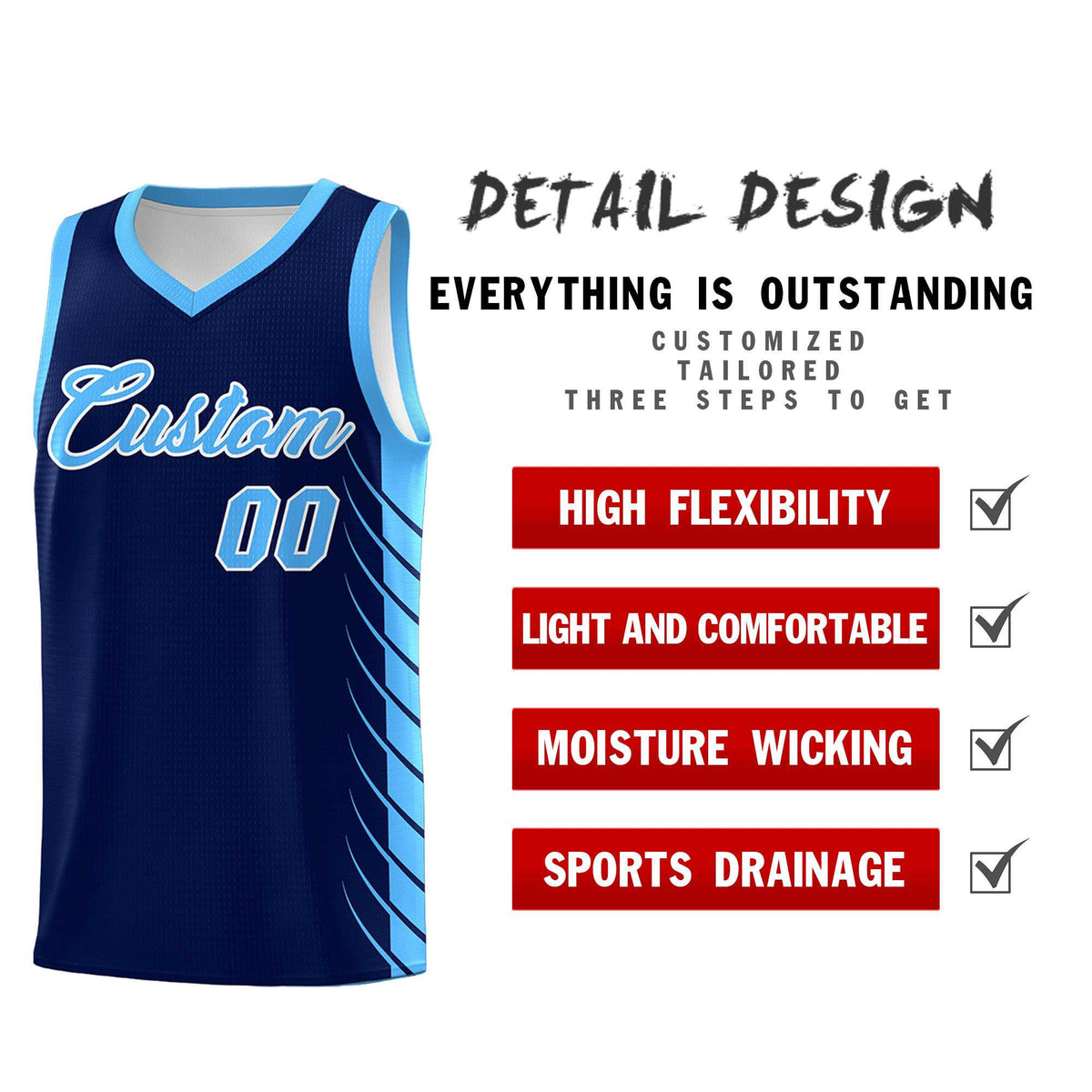 Custom Navy Powder Blue Personalized Side Symmetrical Line Pattern Sports Uniform Basketball Jersey