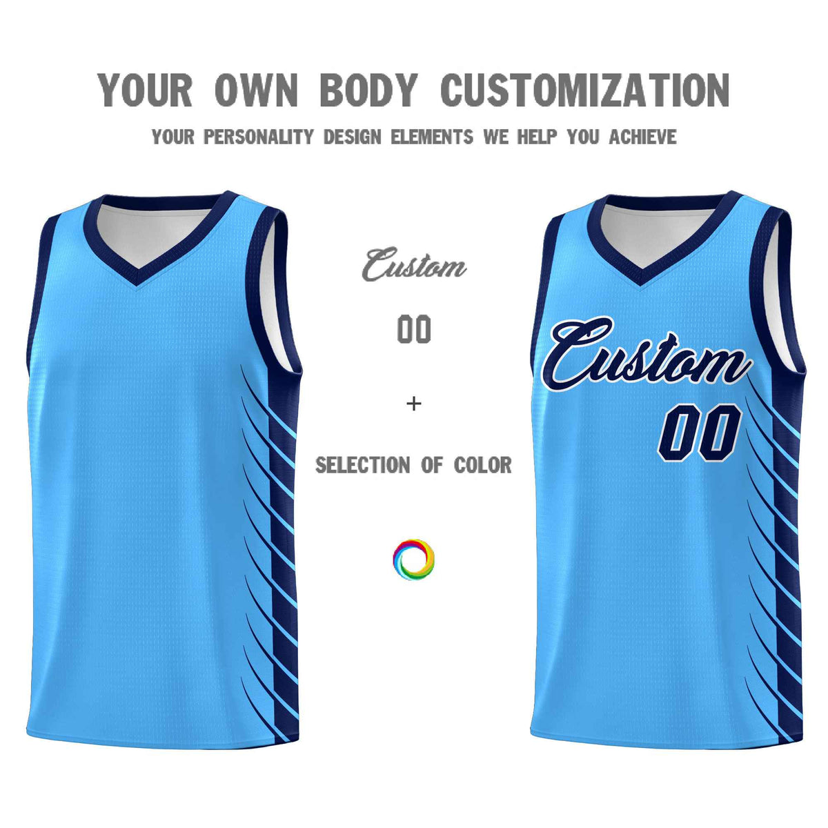 Custom Powder Blue Navy Personalized Side Symmetrical Line Pattern Sports Uniform Basketball Jersey