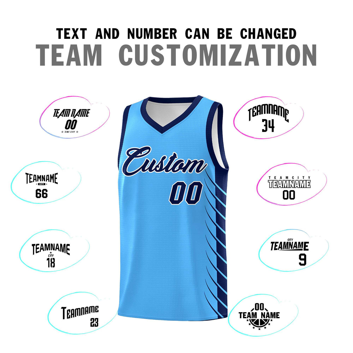 Custom Powder Blue Navy Personalized Side Symmetrical Line Pattern Sports Uniform Basketball Jersey