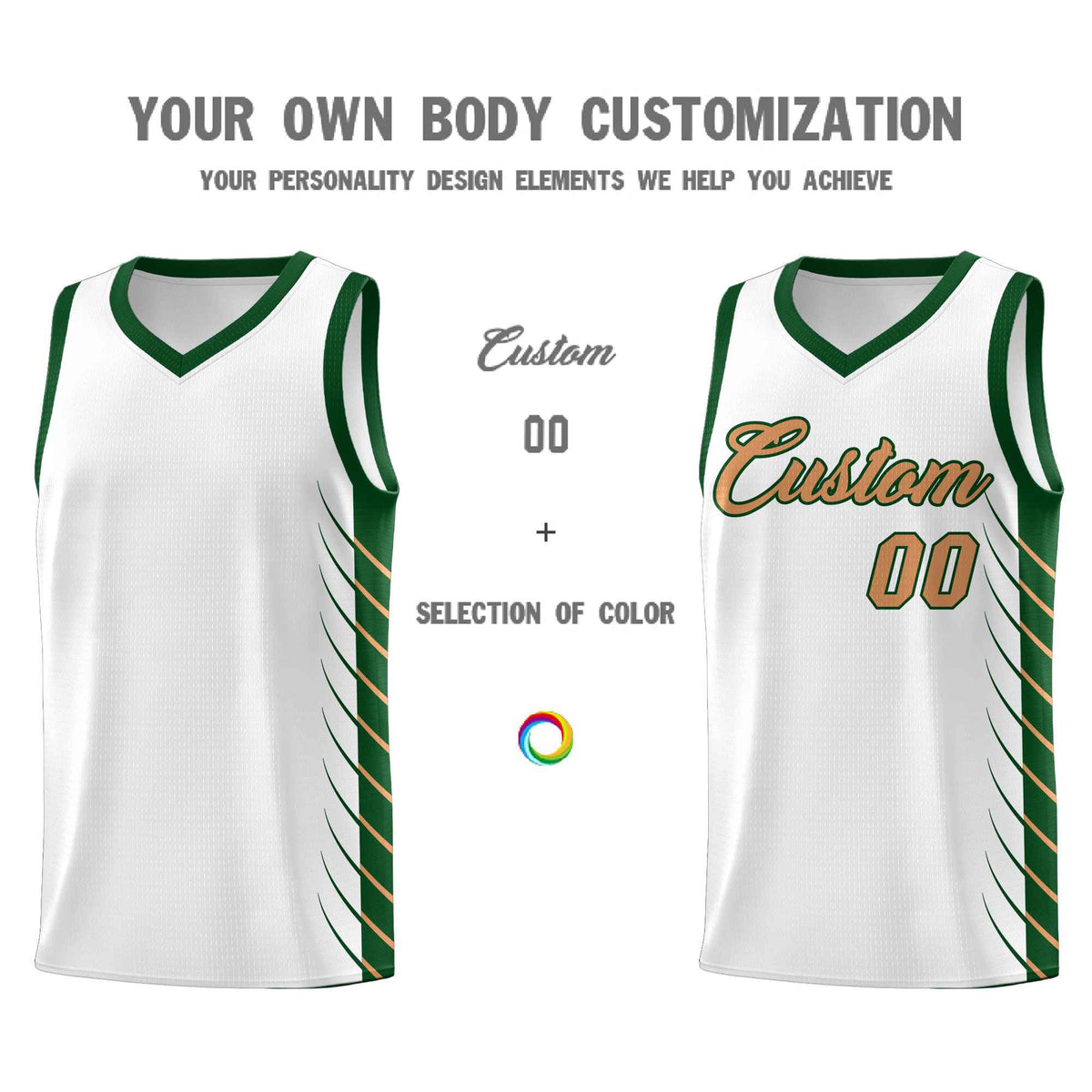 Custom White Green Personalized Side Symmetrical Line Pattern Sports Uniform Basketball Jersey